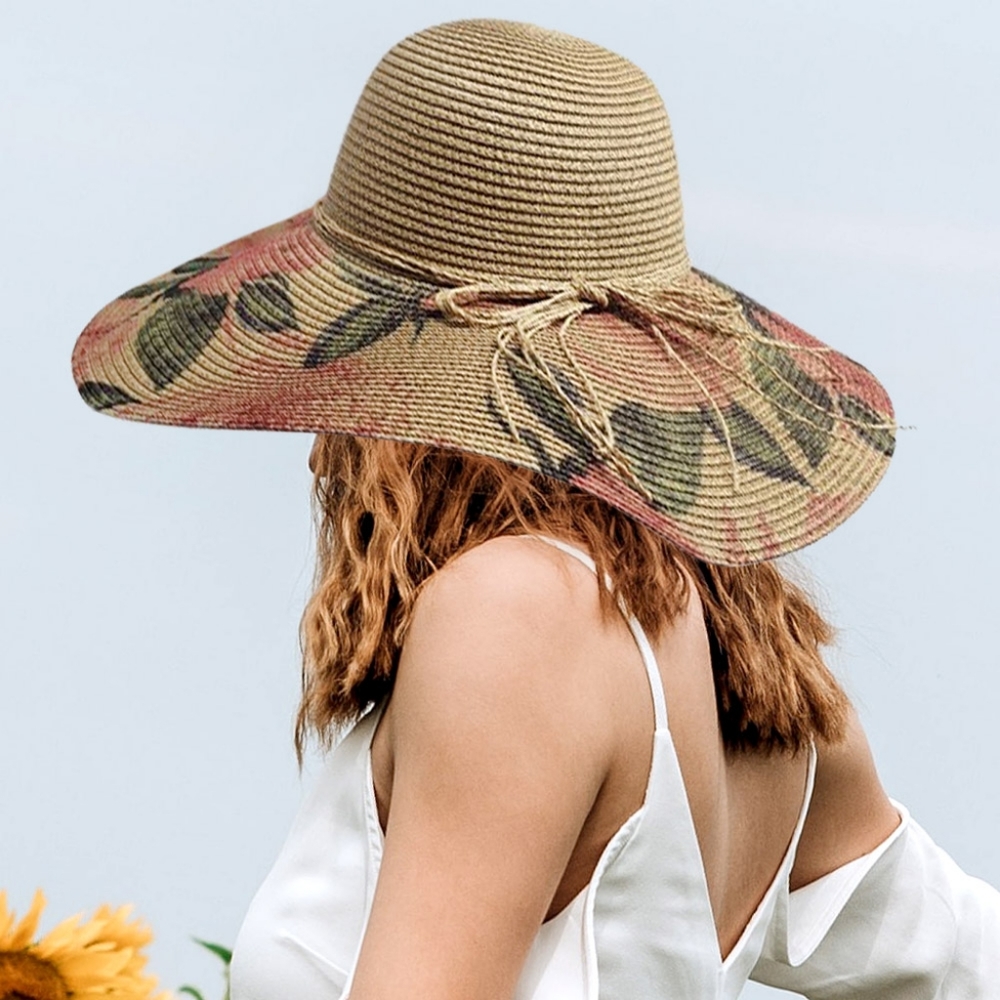 Tan Flower Floppy Straw Sun Hat Brim Womens Beach Vacation Fashion Accessory - Picture 2 of 3